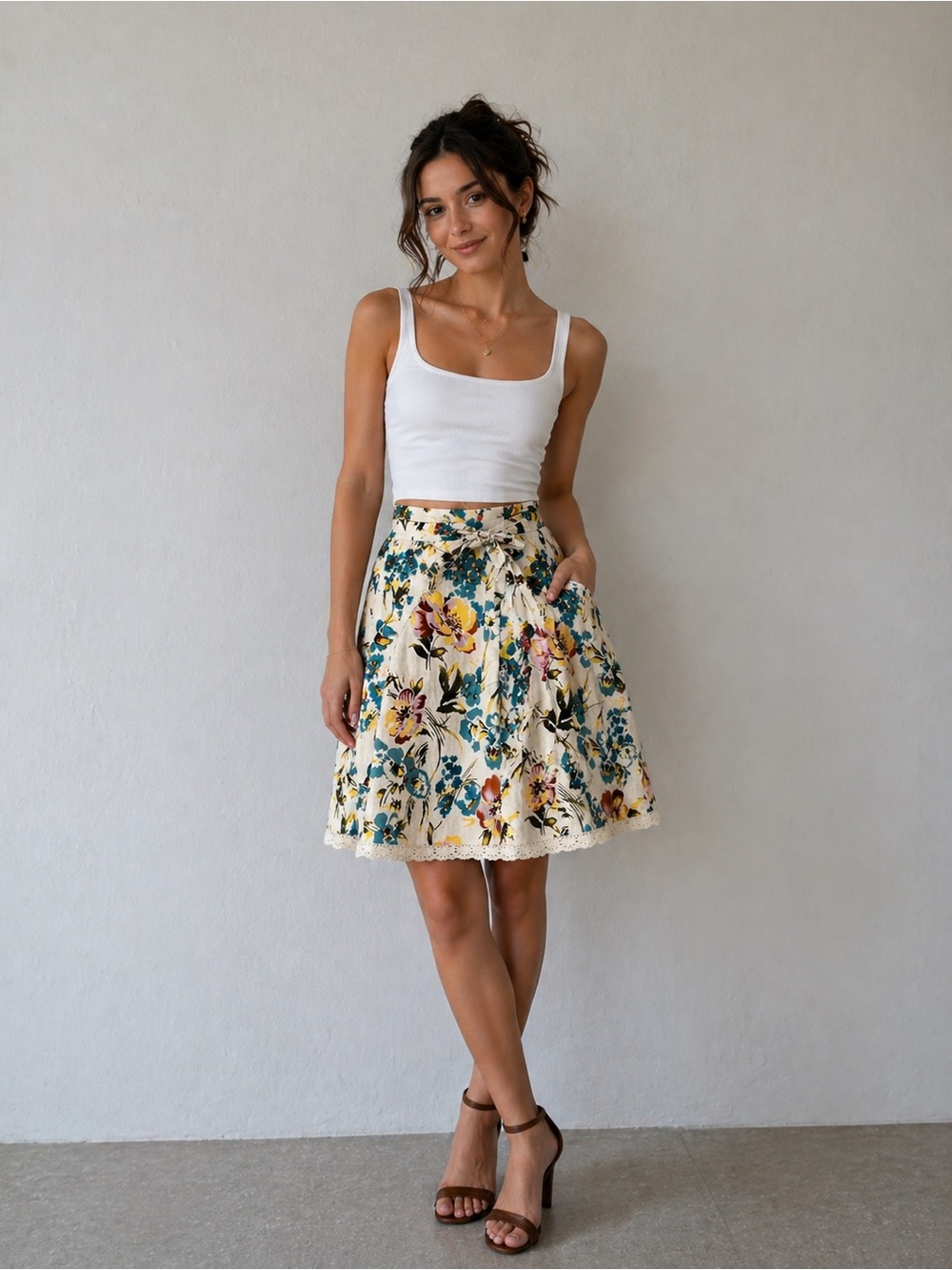 Sherry Taylor Floral Linen A-Line Skirt Tie Waist Boho Cottagecore S
